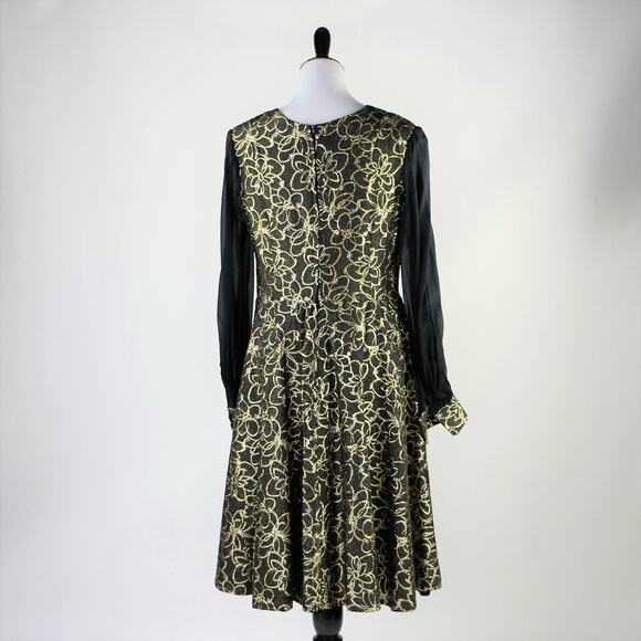 Vintage 1960s Black Gold Floral Printed Dress with Chiffon Long Sleeves Large - Picture 8 of 9
